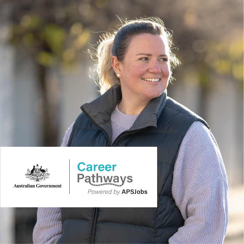 Smiling young female looking away from the camera, with a 'Australian Government Career Pathways' logo tile