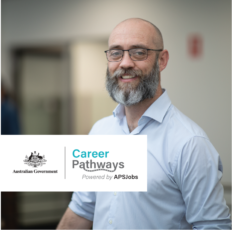 Smiling mature aged male looking at the camera, with a 'Australian Government Career Pathways' logo tile