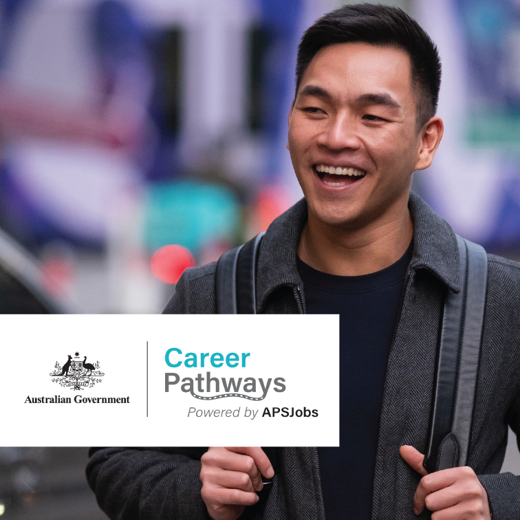 Smiling young male with looking away from the camera, with a 'Australian Government Career Pathways' logo tile