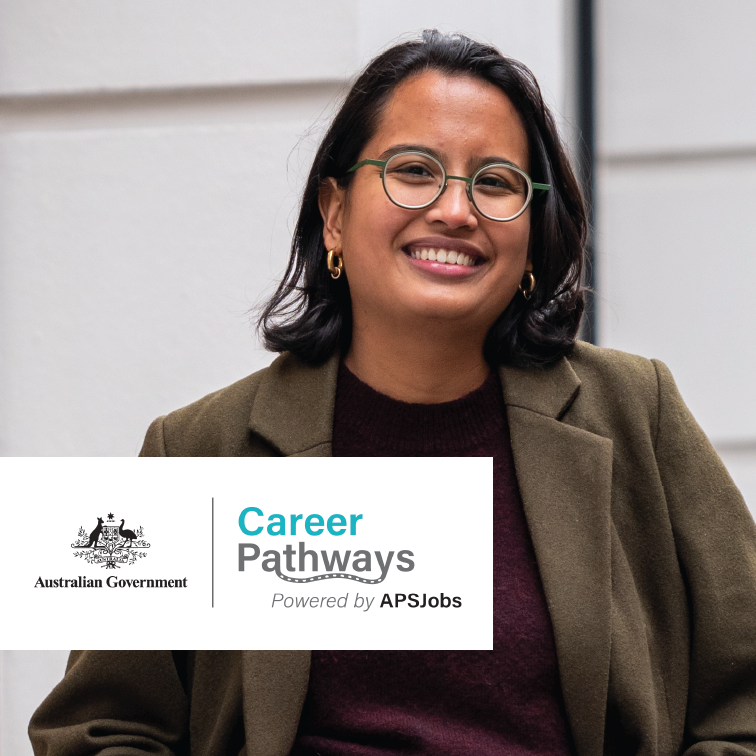 Smiling young female looking at camera, with a 'Australian Government Career Pathways' logo tile