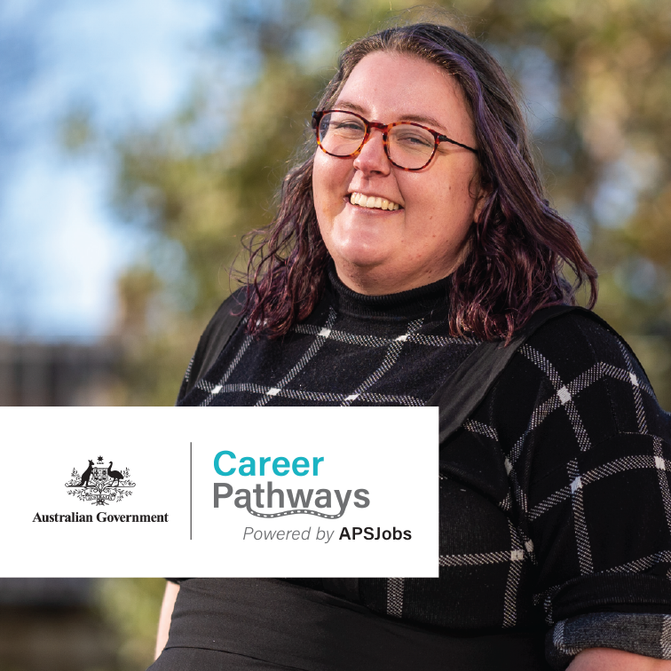 Smiling young female looking at camera, with a 'Australian Government Career Pathways' logo tile