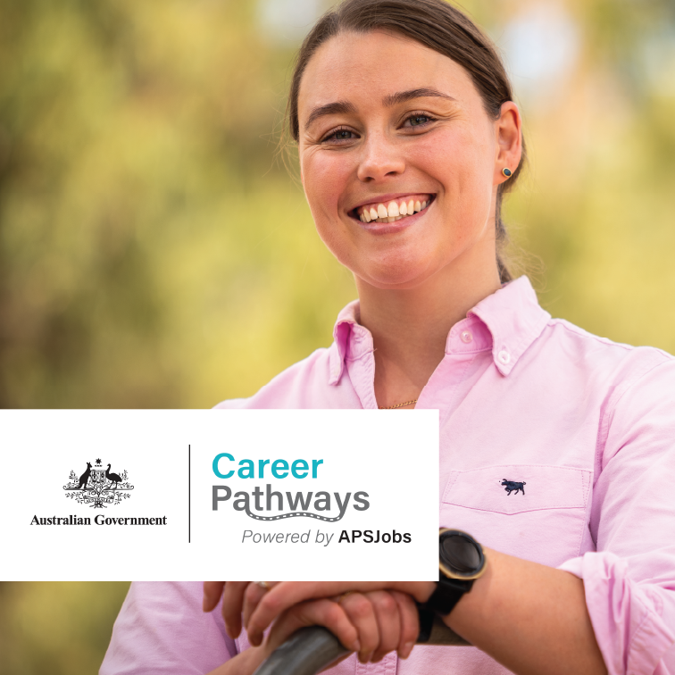 Smiling young female looking at camera, with a 'Australian Government Career Pathways' logo tile