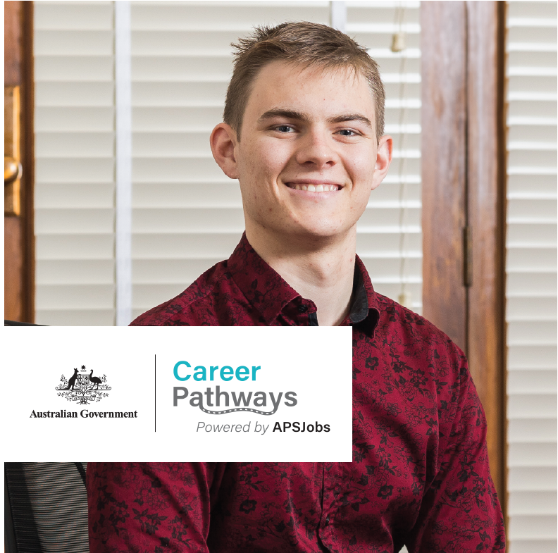 Smiling young male with looking at camera, with a 'Australian Government Career Pathways' logo tile