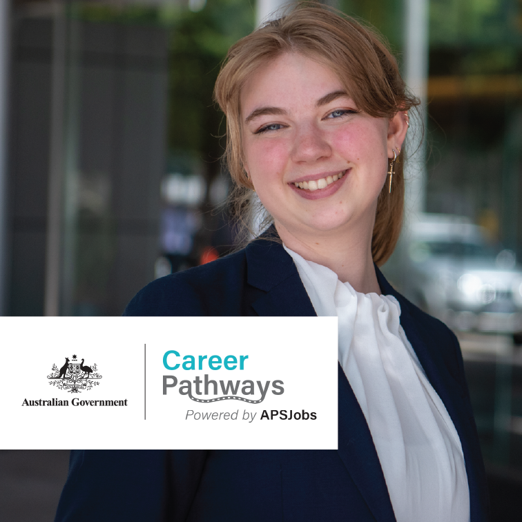 Smiling young female looking at camera, with a 'Australian Government Career Pathways' logo tile