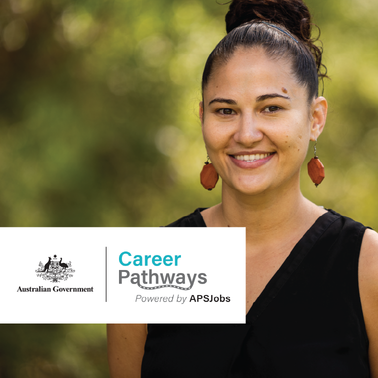 Smiling young female looking at camera, with a 'Australian Government Career Pathways' logo tile