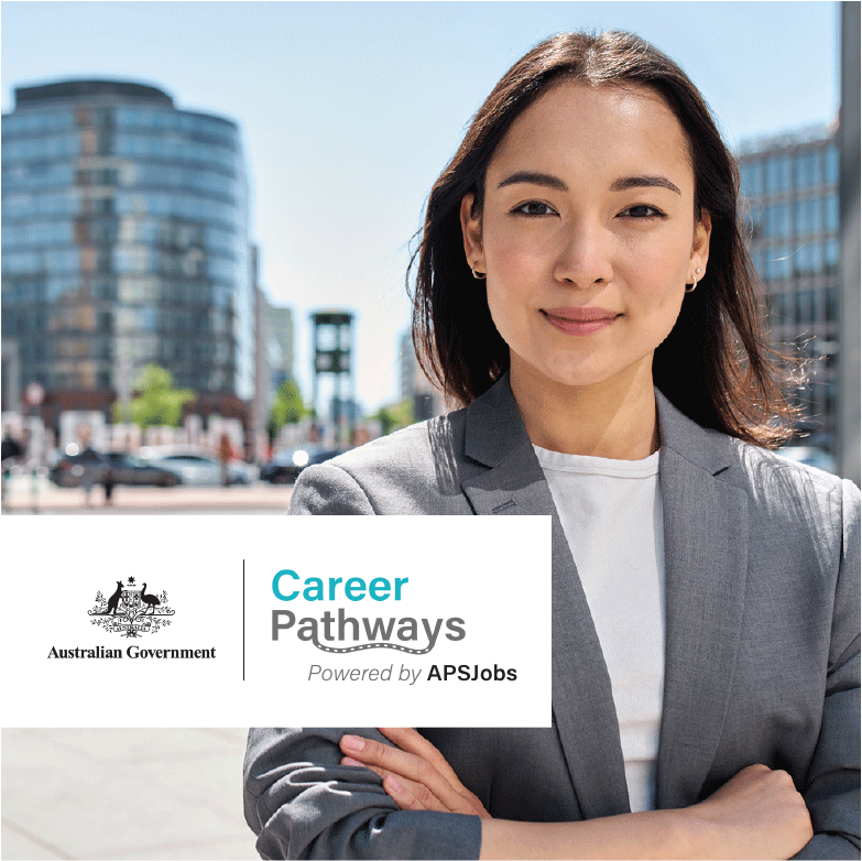 Smiling young female looking at camera, with a 'Australian Government Career Pathways' logo tile