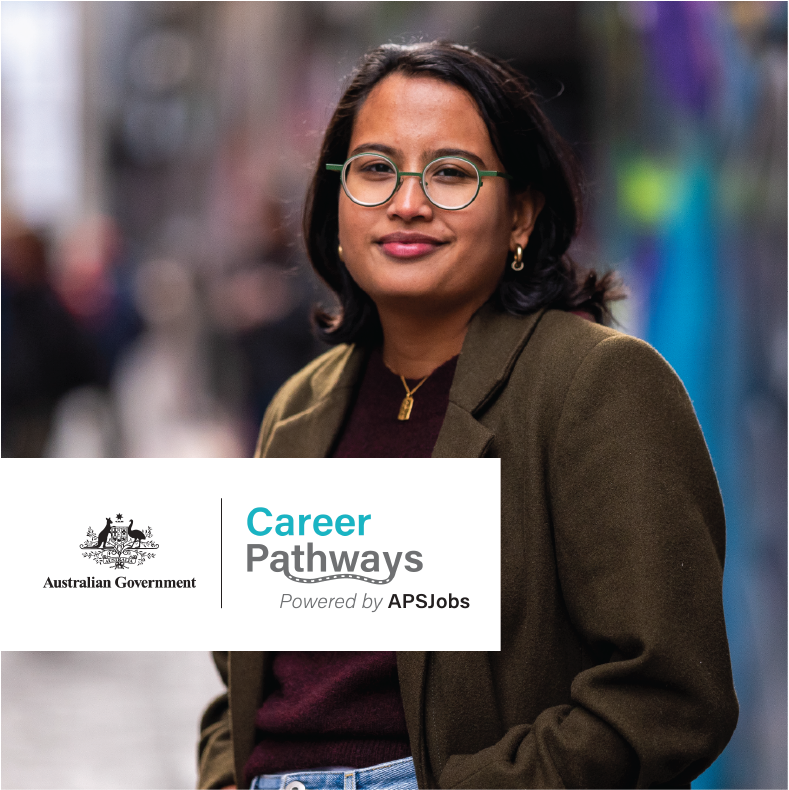 Smiling young female looking at camera, with a 'Australian Government Career Pathways' logo tile