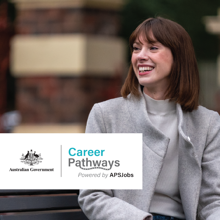 Smiling young female wearing a grey coat, with a 'Australian Government Career Pathways' logo tile