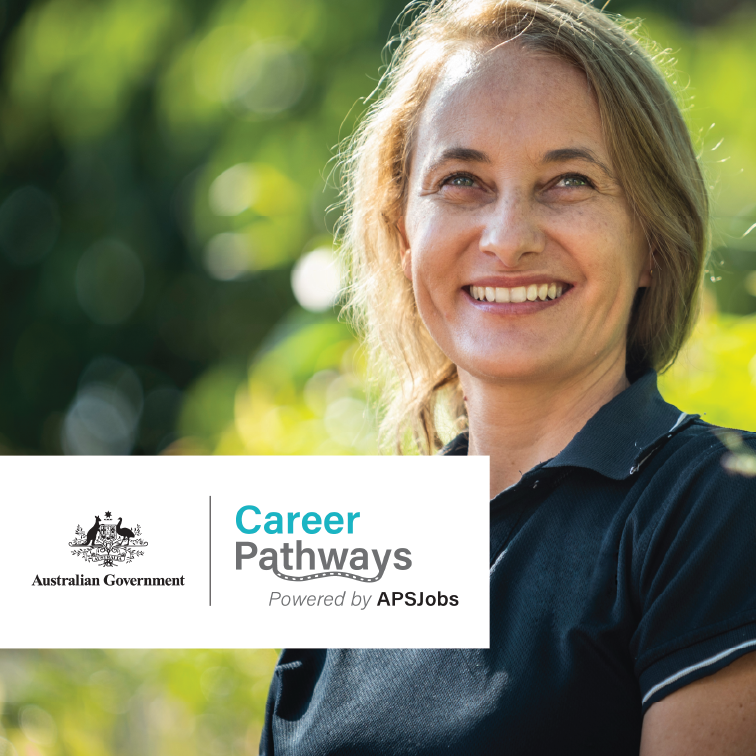 Smiling young female looking at camera, with a 'Australian Government Career Pathways' logo tile