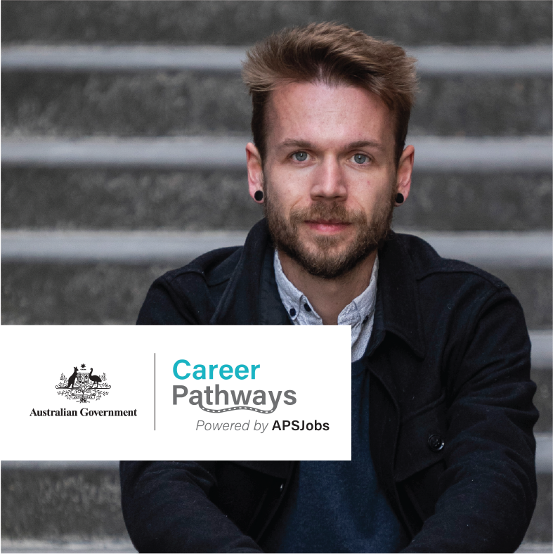 Young male with looking at camera, with a 'Australian Government Career Pathways' logo tile