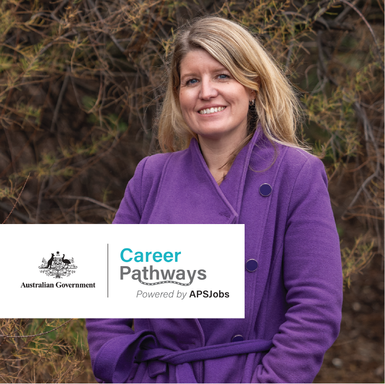 Smiling young female looking at camera with purple coat on, with a 'Australian Government Career Pathways' logo tile