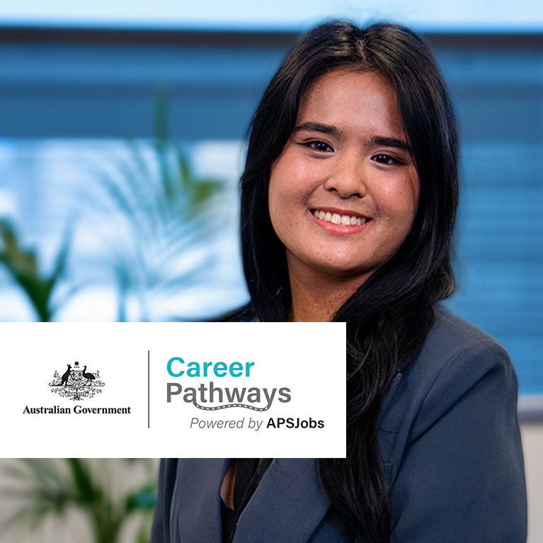 HR graduate addressing camera with Career Pathways logo over top